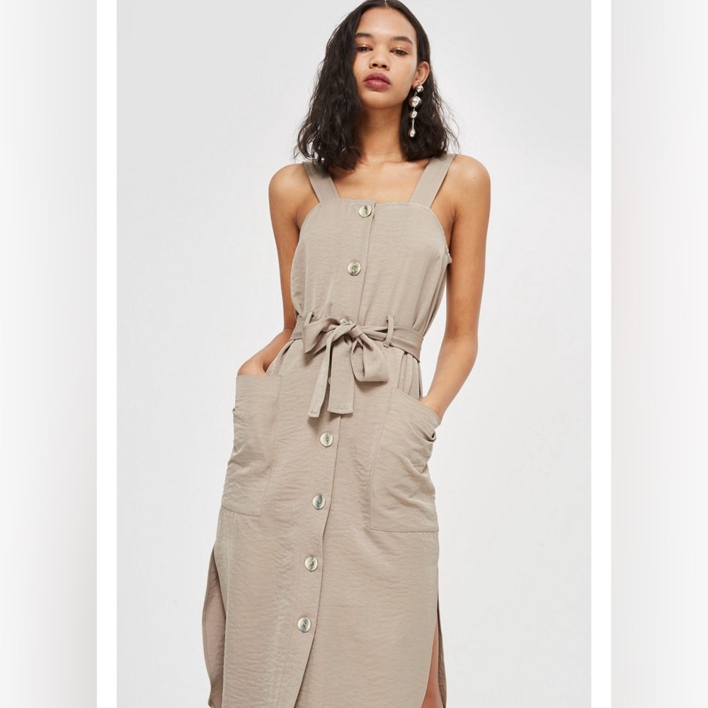 Topshop Tall Pinafore Utility Button-Down Belted Midi Dress Khaki, Size 8T